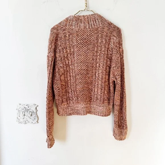 The Great. The Montana Cropped Cable Cardigan Coral Pink Prairie Marl Knit 2 / M - Picture 8 of 9